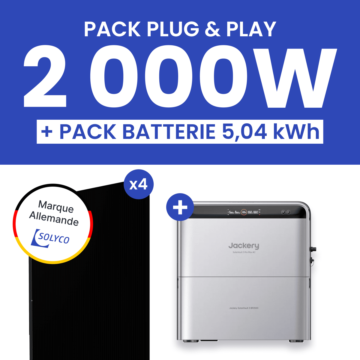 Kit Solaire Plug and Play 2000W SOLYCO + Batterie Jackery SolarVault 3 Pro 2,52kWh + Batterie Additionnelle BP2500 2,52kWh
