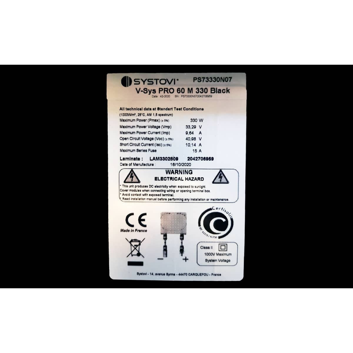 Panneau solaire Systovi 330Wc informations