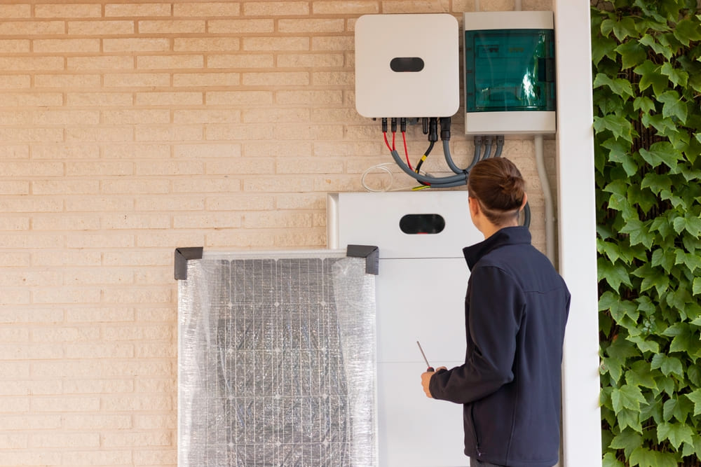 Installateur qui installe des panneaux solaires avec des batteries