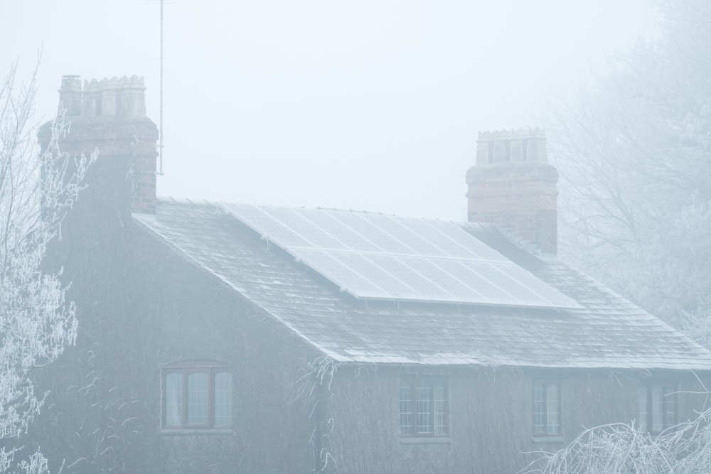 Frost,Covered,Roof,With,Solar,Panels Des panneaux solaires en pleine saison d'hiver
