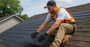 Professionnel qui installe des bardeaux solaires