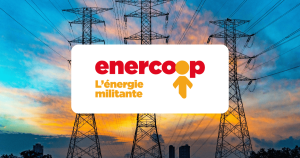 Logo Enercoop fournisseur coopératif d'électricité 100% renouvelable avec pylônes haute tension au coucher du soleil