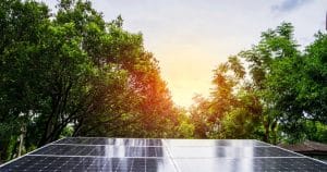 Panneaux solaires photovoltaïques captant les derniers rayons du soleil au coucher dans environnement verdoyant