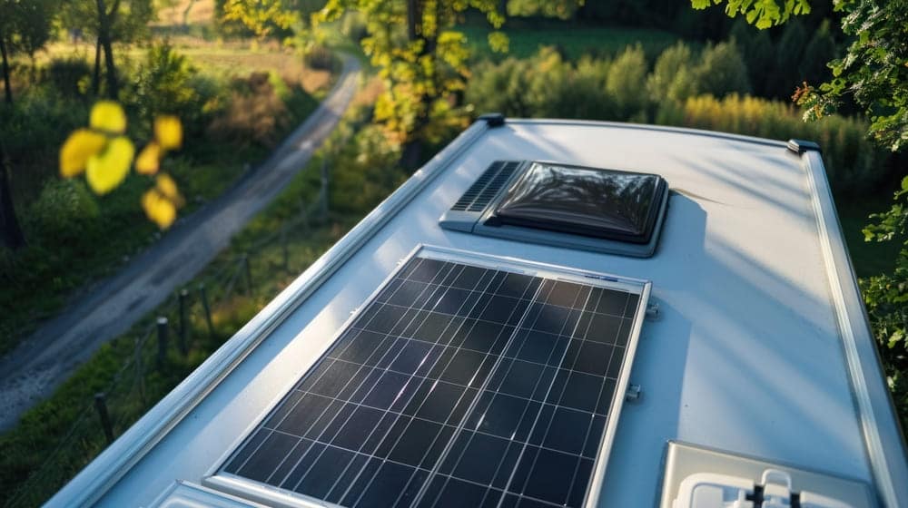Panneau solaire installé sur le toit d'un fourgon aménagé pour alimenter les équipements en autonomie