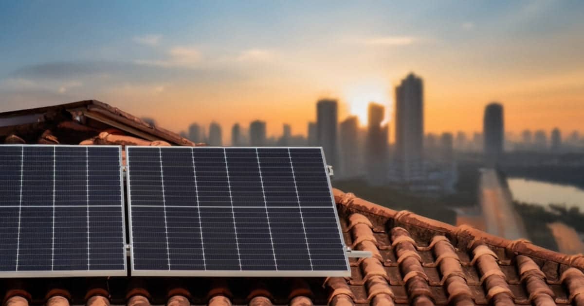 Panneaux solaires photovoltaïques installés sur un toit avec vue sur la ville au coucher du soleil