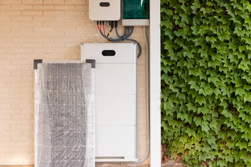 Installation complète avec onduleur hybride, batterie de stockage et coffret électrique sur façade de maison