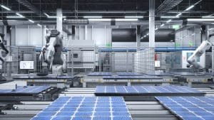 Chaîne de fabrication automatisée de panneaux solaires en usine illustrant la production industrielle de Trina Solar et Jinko Solar