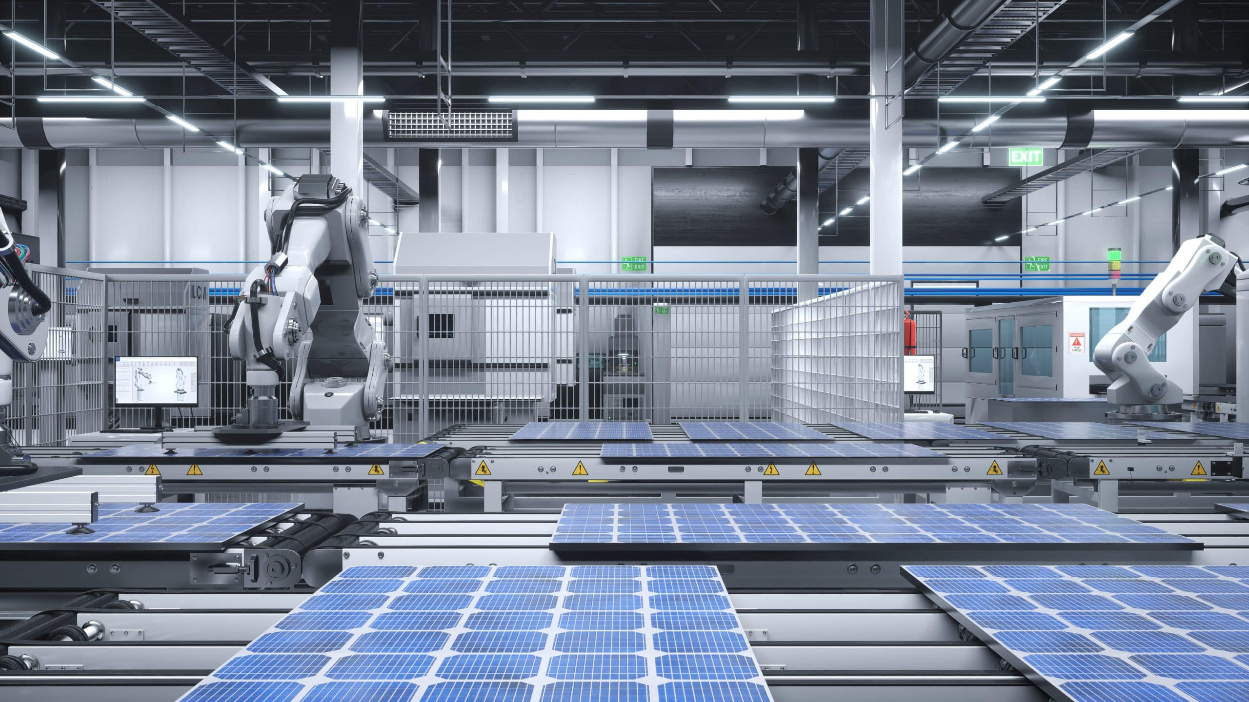 Chaîne de fabrication automatisée de panneaux solaires en usine illustrant la production industrielle de Trina Solar et Jinko Solar